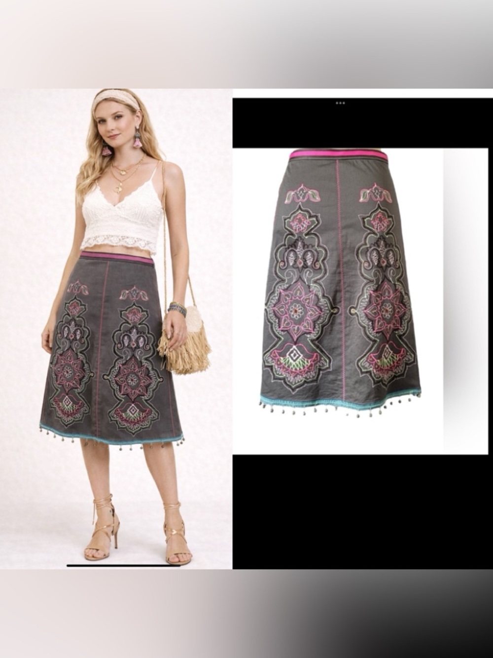 ETCETRA BROWN EMBROIDERED BOHO‎ 
SKIRT W/ BALL ADORNMENT ON HEM. Gypsy, size 2